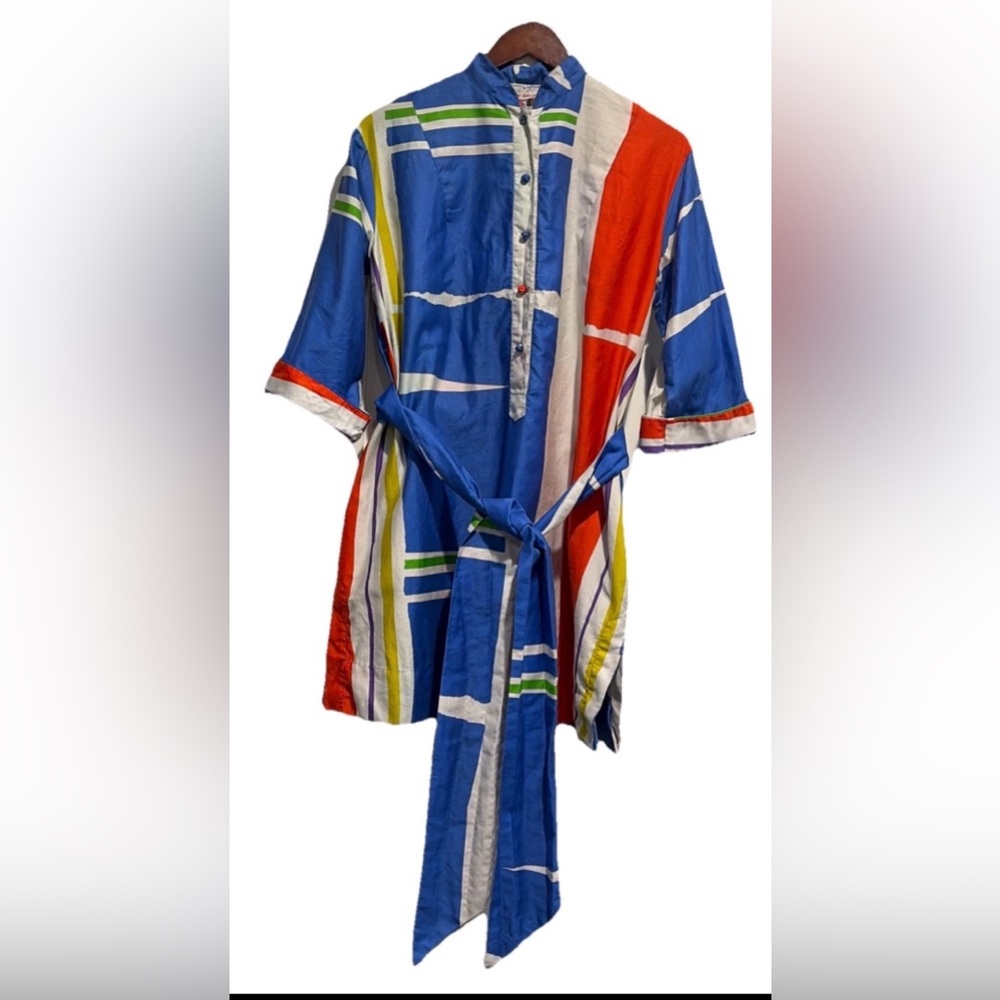Vintage 1970s Catherine Ogust Multicolor Striped Tunic Top sheath Dress w sash